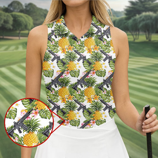 Maxcorners Tropical Pineapple Rifle Golf Shirt, Hawaiian Tactical Print, Women’s Golf Polo LM1507