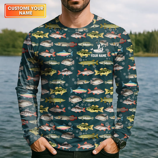 Maxcorners Personalized Freshwater Fish Fishing Shirt With Custom Name, Long Sleeve Fishing Shirt, Fishing Shirt For Men