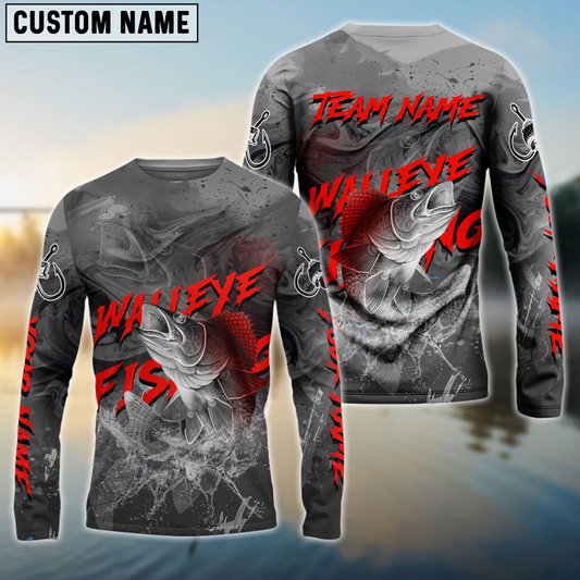 Maxcorners Walleye Fishing Gray Blur Personalized Name, Team Name 3D Shirt