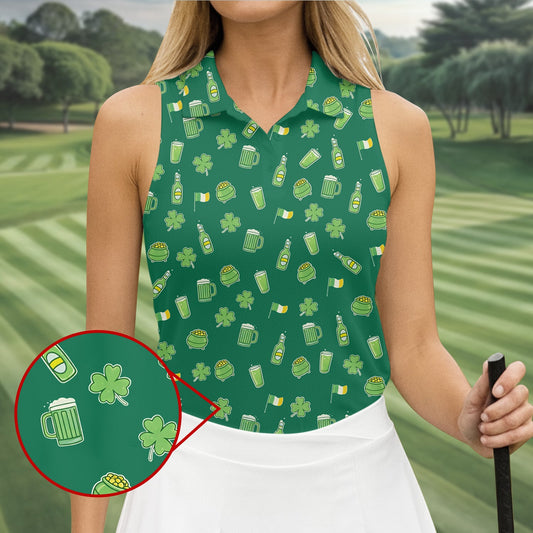 Maxcorners St Patrick's Day Beer Four Leaf Clovers Gold Pots Green Golf Shirt, Women's Golf Tops, Ladies Golf Polos