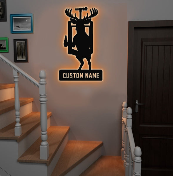 Maxcorners Personalized Deer Hunting Metal Sign WITH LED/WITHOUT LED, Rustic Wall Decor for Cabin, Lodge, Mancave, Unique Wildlife Gift LM0110