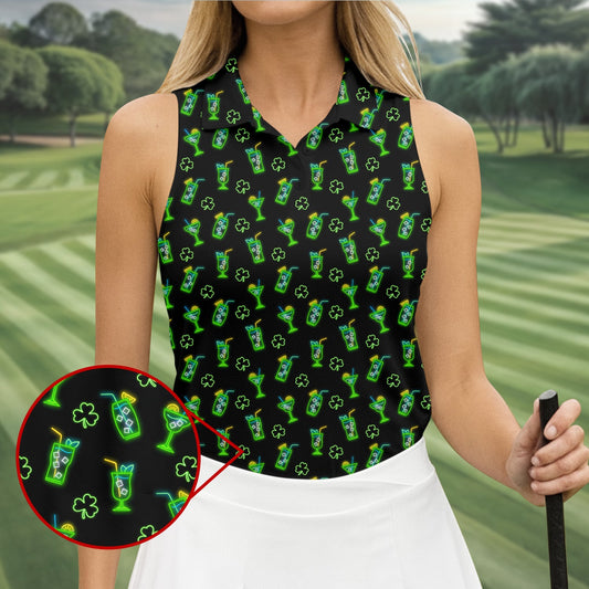 Maxcorners Neon Green Cocktails Three Leaf Clover St Patrick's Day Golf Shirt, Women's Golf Tops, Ladies Golf Shirts