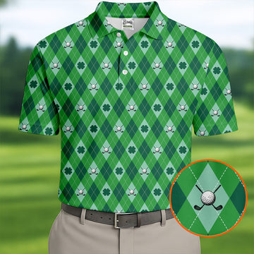 Maxcorners Lucky Four Leaf Clover Golf Ball Pattern Argyle Pattern St Patrick's Day Golf Shirt, Polo Shirts For Men