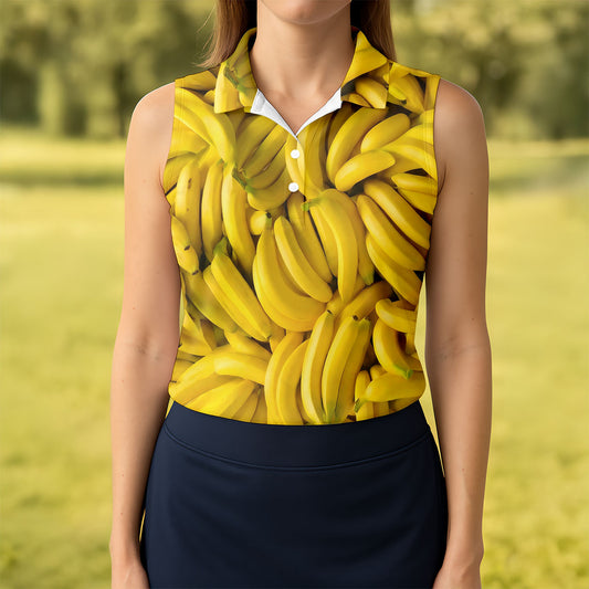 Maxcorners Realistic Banana Print Hawaiian Golf Shirt, Golf Tops For Women, Performance Golf Shirt LM1507
