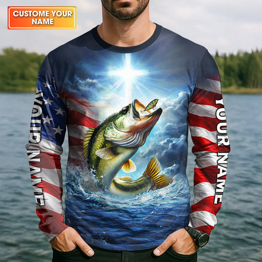 Maxcorners Jesus Made Me A Fisherman Shirt, Patriotic Christian Bass Fishing Shirt For Men, Fishing UPF Shirts