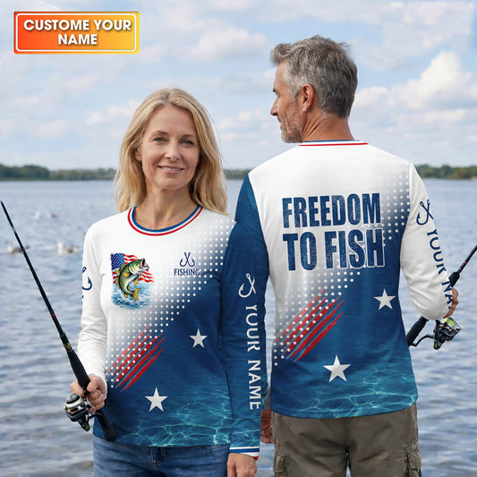 Maxcorners Freedom To Fish Shirt, Personalized American Flag Fishing Long Sleeve For Men, Fishing UPF Shirts