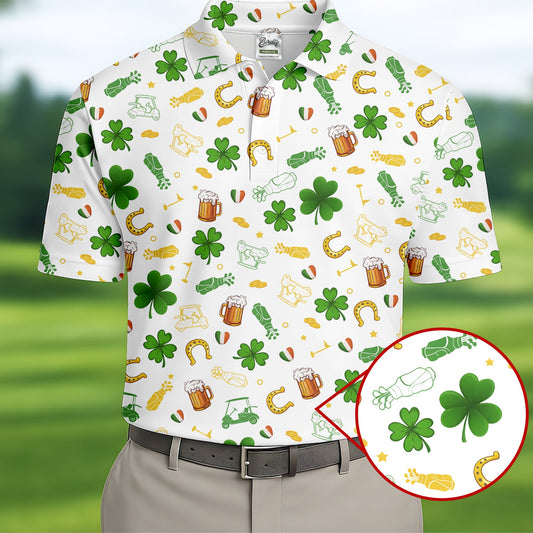 Maxcorners St Patrick's Day Beer Golden Horseshoes Shamrock Golf Shirt, Polo Shirts For Men, Golf Shirts For Men