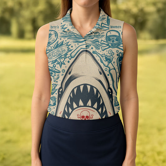 Maxcorners Vintage Shark Jaw Tattoo Art Golf Polo Shirt, Golf Shirts For Women, Women's Golf Apparel LM1507