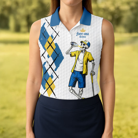 Maxcorners Blue Yellow Skeleton Golfer Beer Polo Shirt, Women’s Golf Apparel, Golf Shirts For Women LM1507