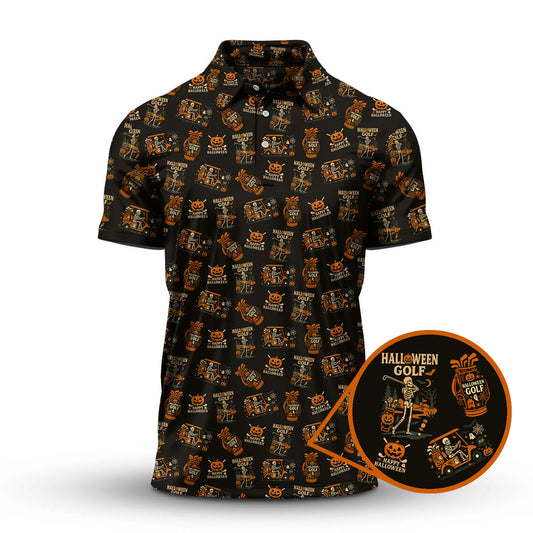 Maxcorners Skeleton Pattern Golf Shirts, Funny Golf Polos For Men, Halloween Golf Shirt For Golfers
