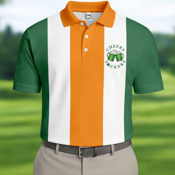 Maxcorners Green Orange White Vertical Stripes St Patrick's Day Golf Shirt, Polo Shirts For Men, Golf Shirts For Men