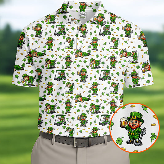 Maxcorners Funny Leprechaun Golf And Beer Shamrocks St Patrick's Day Golf Shirt, Golf Tops For Men, Polo For Men