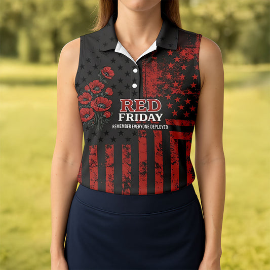Maxcorners Red Friday American Flag Poppy Golf Polo Shirt, Ladies Golf Shirt, Golf Tops For Women LM1507