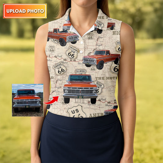 Maxcorners Custom Photo Truck Golf Shirt, Vintage Pickup Route 66 Map Pattern, Golf Shirt For Women LM1507