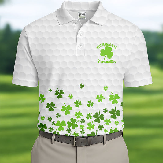 Maxcorners Shenanigans Coordinator Golf Ball Pattern St Patrick Day White Golf Shirt, Golf Tops For Men, Golf Shirts For Men