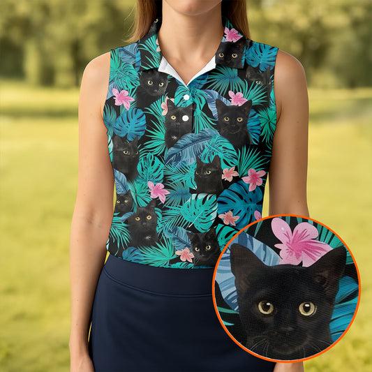 Maxcorners Black Cat Tropical Monstera Hawaiian Golf Polo Shirt, Golf Shirts For Women, Women's Golf Apparel LM1507