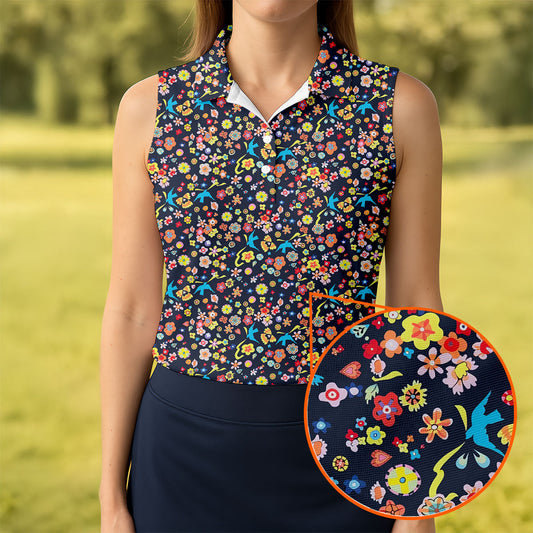 Maxcorners Colorful Floral Bird Garden Golf Shirt, Women’s Golf Polo, Golf Shirts For Women LM1507