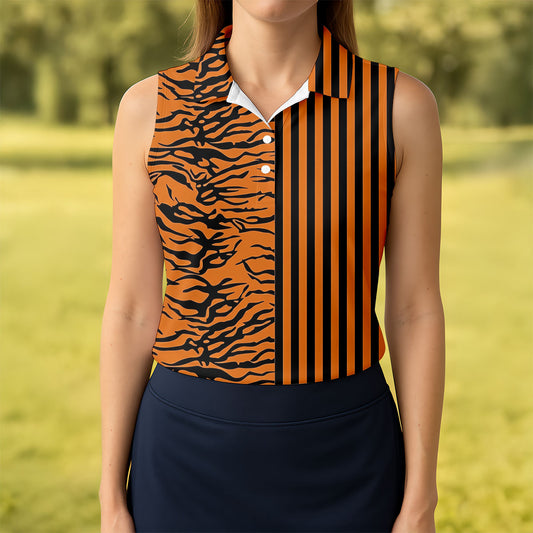 Maxcorners Orange Tiger Stripe Split Pattern Golf Shirt, Women's Golf Tops, Ladies Golf Shirts, Printed Golf Shirt LM1507