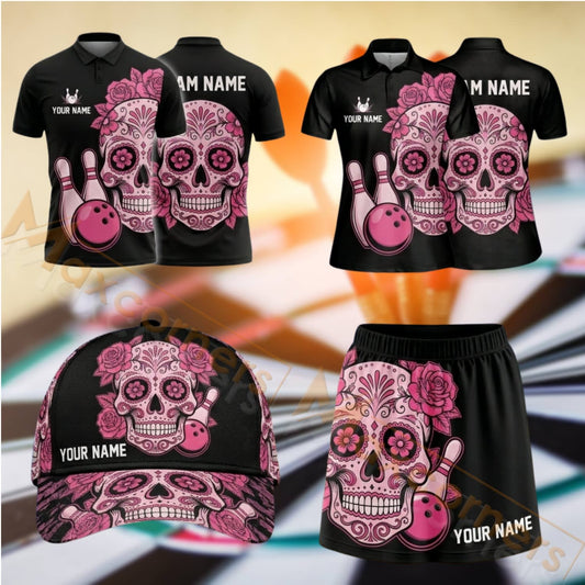 Maxcorners Darts Pink Sugar Skull Dartboard Design Personalized Team Sportswear Set - Polo Shirt, Cap & Skorts