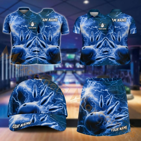 Maxcorners Bowling Ice Wolf Lightning Design Personalized Team Sportswear Set - Polo Shirt, Cap & Skorts