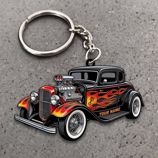 Maxcorners Hot Rod Black Vintage Car with Orange Racing Flames Personalized Name 3D Keychain And Ornament