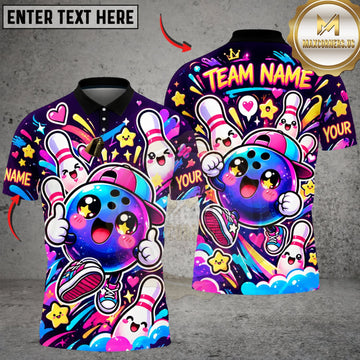 Maxcorners Bowling Cute Colorful Cartoon Bowling Ball Pattern Personalized Name 3D Unisex Shirt