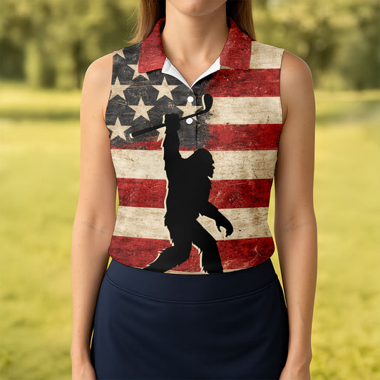 Maxcorners Vintage American Flag Bigfoot Golfer Polo Shirt, Women’s Golf Polo, Golf Tops For Women LM1507