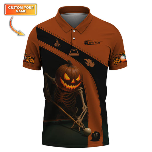 Maxcorners Halloween Billiards Jersey, Custom Name Skeleton Pumpkin Pool Shirt, Spooky 8 Ball Shirt For Billiard Lovers LM0509