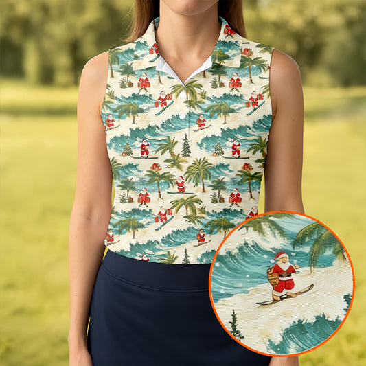 Maxcorners Christmas Santa Surfing Tropical Hawaiian Golf Shirt, Golf Shirts For Women, Performance Golf Shirt LM1507