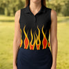 Maxcorners Black Orange Yellow Flame Sleeve Golf Shirt, Golf Polo For Women, Printed Golf Shirt LM1507