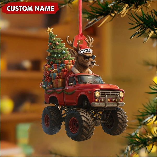 Maxcorners Personalized Funny Deer Truck Acrylic Christmas Ornament - Custom Name Gift for Hunters & Outdoor Lovers LM0411