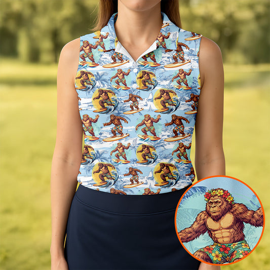 Maxcorners Surfing Bigfoot Hawaiian Golf Shirt, Womens Golf Tops, Golf Polo For Women LM1507