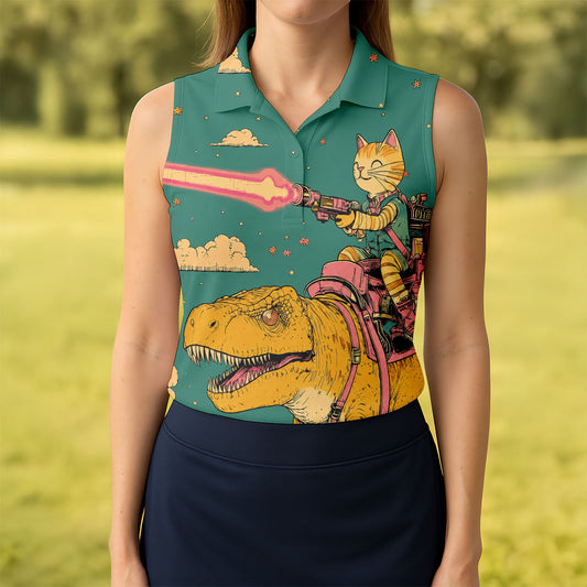 Maxcorners Laser Cat Dinosaur Golf Shirt, Retro Sci Fi T Rex Adventure Pattern, Golf Shirt For Women LM1507