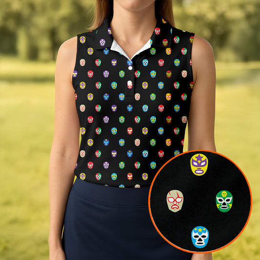 Maxcorners Colorful Retro Mask Print Golf Polo Shirt, Golf Shirts For Women, Women’s Golf Apparel LM1507