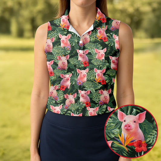 Maxcorners Cute Pig Tropical Monstera Hawaiian Golf Polo Shirt, Golf Shirts For Women, Women's Golf Apparel LM1507