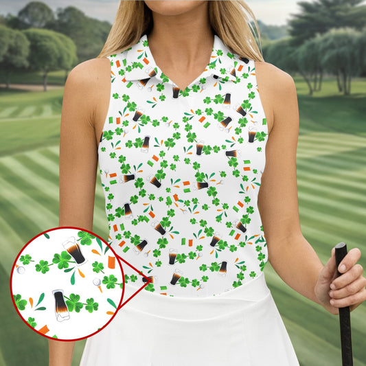 Maxcorners Dark Stout Beer St Patrick's Day Shamrocks White Golf Shirt, Women's Golf Tops, Ladies Golf Shirt