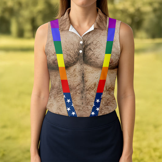 Maxcorners Funny Hairy Chest Rainbow Suspenders Golf Polo, Golf Shirts For Women, Women's Golf Apparel LM1507