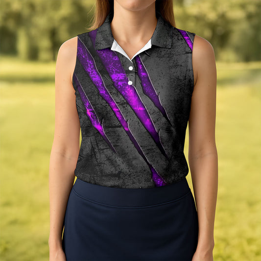 Maxcorners Purple Claw Marks Hawaiian Golf Shirt, Scratch Print Women's Golf Tops, Ladies Golf Shirts LM1507