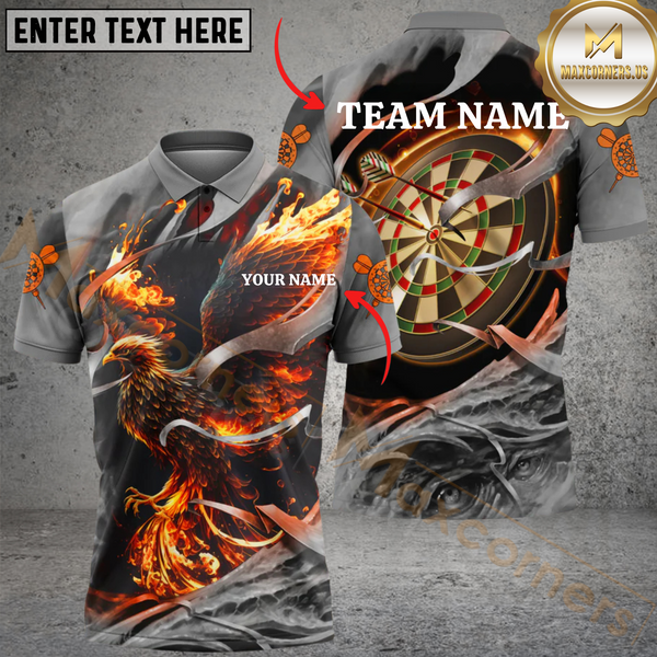 Maxcorners Darts Phoenix Flame Customized Name, Team Name 3D Polo Shirt