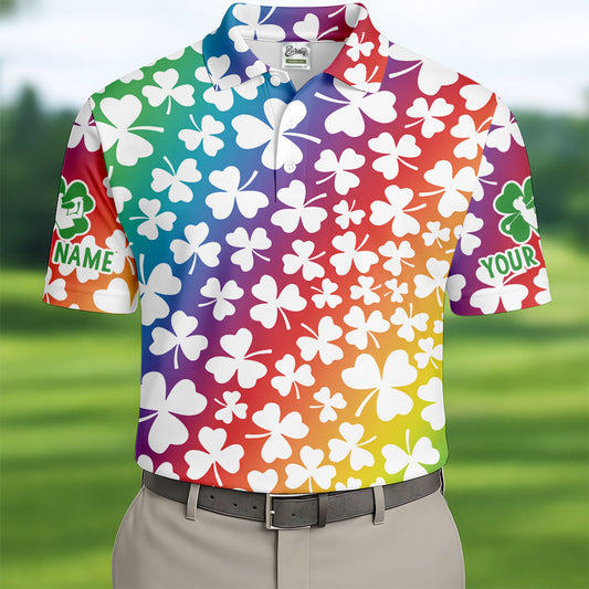 Maxcorners Rainbow Shamrock St Patrick's Day Golf Shirt, Golf Tops For Men, Polo Shirts For Men, Golf Shirts For Men