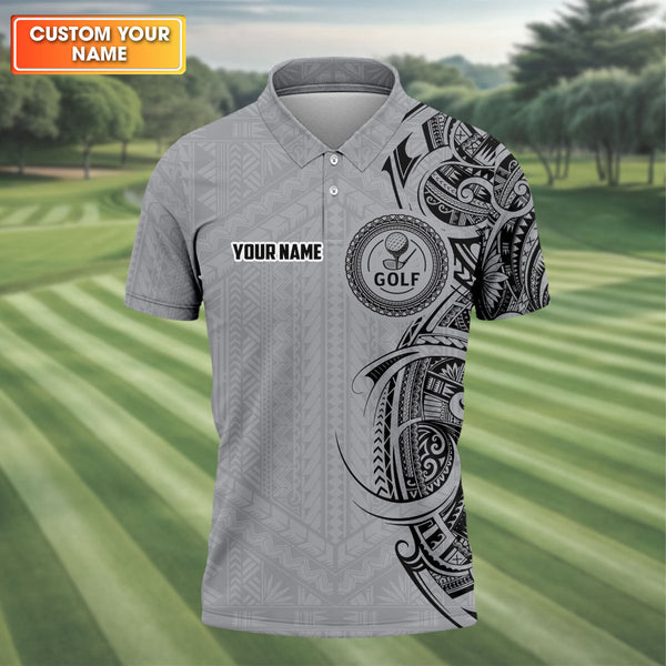 Maxcorners Strike Grey Tribal Tattoo Custom Men's Golf Polo Shirt, Funny Golf Shirt, Dad Golf Gift