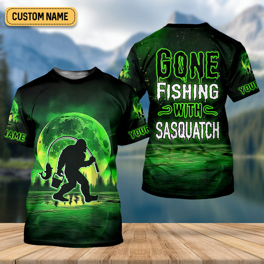 Maxcorners Gone Fishing With Sasquatch Neon Green Color Funny Fishing Shirt, SPF Shirt For Men, Presents For Fishermen