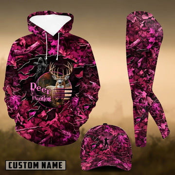 Maxcorners Hunting Pink Camo Whitetail Deer Hunter 3D Combo Hoodie, Legging Set & Cap