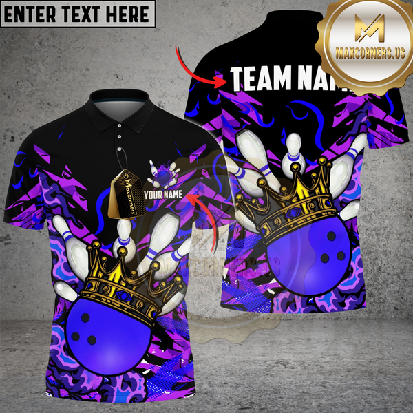 Maxcorners Bowling And Pins Burning King Crown Customized Name, Team Name 3D Shirt Purple TU0207