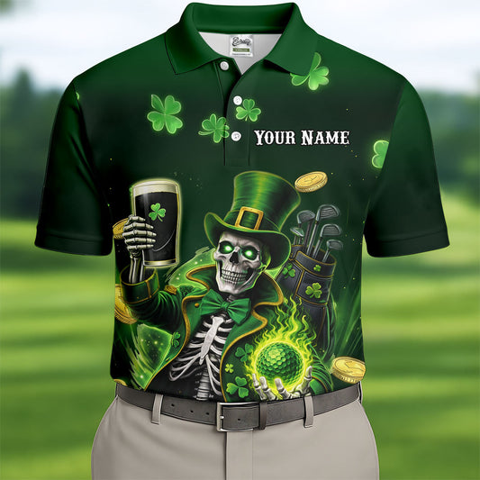 Maxcorners Irish Skull Leprechaun Hat Dark Beer Green St Patrick's Day Polo Shirts For Men, Golf Shirts For Men