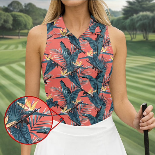 Maxcorners Tropical Palm Leaf And Rifle Pattern Coral Golf Polo, Women’s Golf Apparel, Performance Golf Shirt LM1507