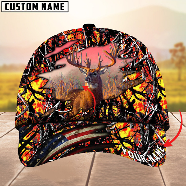 Maxcorners Deer Hunting USA Flag Crack Camouflage Pattern Multicolor Personalized Name 3D Cap