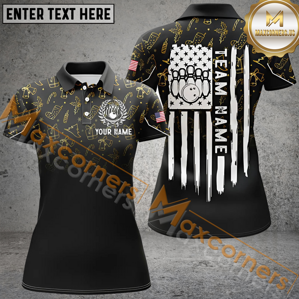 Maxcorners Gold Christmas Pattern American Flag Patriotic Bowling Jersey Customized Name 3D Shirt