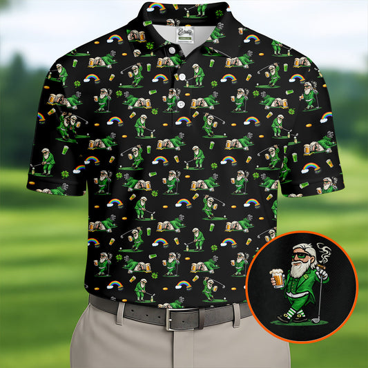 Maxcorners St Patrick's Day Leprechaun Character Golf And Beer Black Golf Shirt, Fun Golf Shirts For Men, Polo For Men