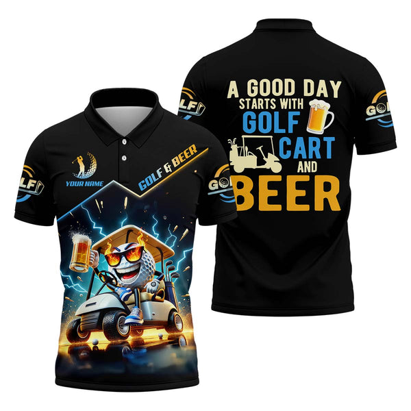 Maxcorners A Good Day Starts With Golf Cart & Beer Custom Golf Polo Shirt, Funny Golf Shirt, Golf Gift For Men